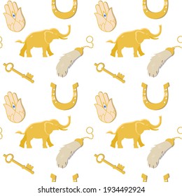 Vector graphics in flat style isolated on white background seamless pattern. Golden elephant, rabbit's foot, golden key, palm of Fatima Hamsa symbols of good luck and happiness hand drawn illustration