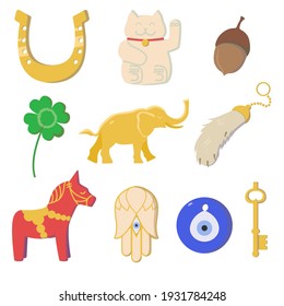 Vector Graphics In Flat Style
 Set Of Good Luck Symbols Isolated On White Background.Golden Horseshoe,Maneki,acorn, Clover,Hand Of Fatima,golden Key,golden Elephant,rabbit's Foot, Nazar.