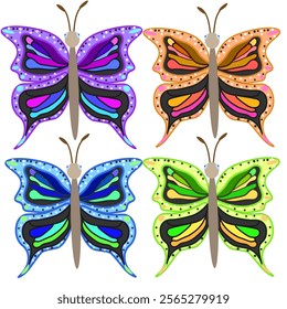 Vector graphics. Four bright abstract butterflies on a white background.