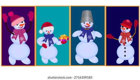 Gráficos de Vector. Cuatro muñecos de nieve diferentes en marcos sobre un fondo blanco.