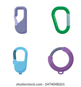 Vector graphics of four different styles of carabiner clips in vibrant colors