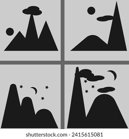 Gráficos vectoriales. Cuatro íconos. Montañas, sol, nubes. Montañas, luna, nubes, estrellas.
