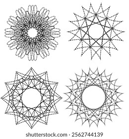 Vector graphics. Four round ornaments in black and white tones on a white background.