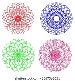 Vector graphics. Four uncolored colored round ornaments on a white background.