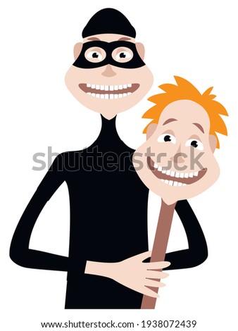 Vector graphics - a fraudster in black clothes, a mask and a hat is holding a mask of a decent smiling person in his hand. Concept-fraud and deception