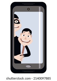 Vector graphics - a fraudster in a black mask looks out on the smartphone screen and holds a mask of a smiling male manager in his hands. Concept - personal data protection and Internet fraud