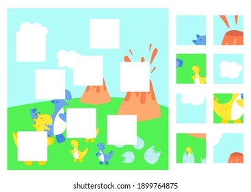 Vector graphics. A game for children. Bright and cute dinosaurs. Child development. Printout for preschoolers. Puzzle, occupation, riddle, logic game for the development of intelligence.