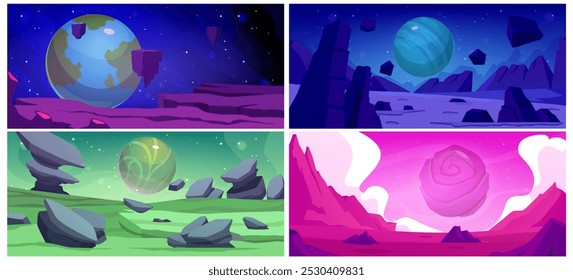 Vector graphics of a game collection depicting planets with a colorful surface. Illustrative elements include a glossy ball, earth and a rocky surface