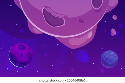 Vektorgrafiken des Spieluniversums, die Planeten mit Krater und einer glänzenden Oberfläche darstellen. Zu den illustrativen Elementen gehören runde Planeten, Asteroiden und Sterne