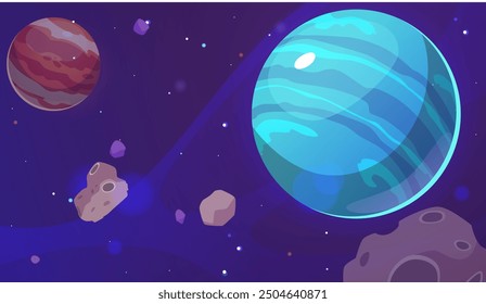 Vector graphics of the game universe depicting planets with a colorful glossy surface. Illustrative elements include round planets, the moon, asteroids