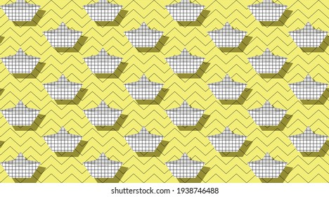 Vector graphics - geometric pattern with white paper ships in a checkered pattern on a bright yellow background. Concept packaging with origami pattern