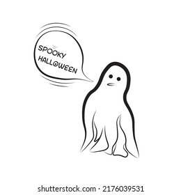 Vector graphics, ghost icon with emotions, spooky text for Halloween. Hand drawn ghost on white background. Halloween party design element. Design for printed posters, cards, stickers.