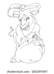 Vector graphics.
Gift New Year card, Bull in the image of Santa Claus.