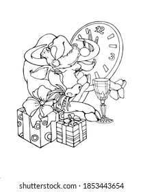 Vector graphics.
Gift New Year card, Bull in the image of Santa Claus.