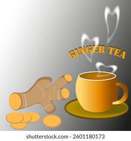 Vector graphics. Ginger tea. Cup of tea with steam in the form of hearts, ginger root and sliced ​​pieces.