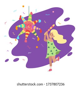 Vector graphics. The girl beats a pinata. Children's birthday.