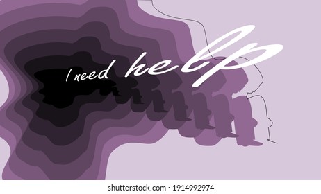 Vector graphics. The girl is depressed. Silhouette of a lonely woman hugging her knees with her hair down. Cut out of paper. Layers. The concept of sadness, loneliness, sadness, depression.