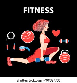 Vector graphics girl engaged in fitness on a black background