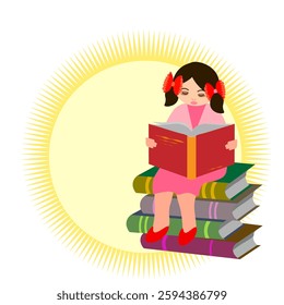 Vector graphics. Girl sitting on books and reading a book.
