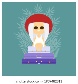 Vector graphics. The girl is waiting for a vacation and sits on suitcases.