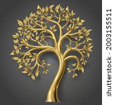 Vector graphics. Golden decorative fairy tree with leaves. Transparent shadow
