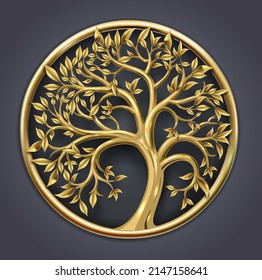 Vector graphics. Golden decorative fairy tree with leaves. Transparent shadow. Round logo emblem