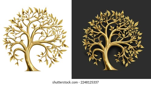 Vector graphics. Golden decorative fairy tree with leaves. Transparent shadow. Round logo emblem