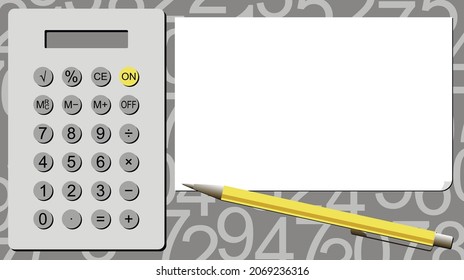Vector graphics - gray calculator, yellow pen and white letterhead with space to copy on a background with chaotic numbers. Concept - finance and budget