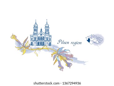 vector graphics the Great synagogue in Plzen region, Czech Republic