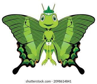 Vector graphics of green butterfly winged ant in combination with black and on its head wears a crown of leaves. ants and butterflies are types of insects.