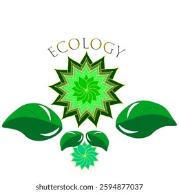 Vector graphics. Green leaves, flowers and the inscription "Ecology" on a white background.