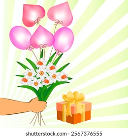 Vector graphics. Greeting card. Against the background of yellow rays, a man's hand holds a bouquet of daffodils and five pink balloons. There is a gift box nearby.