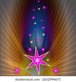 Gráficos de Vector. Tarjeta de felicitación con un día festivo. Estrellas de colores brillantes en rayos brillantes.