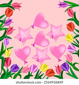 Vector graphics. Greeting card. On a pink background, balloons in the shape of stars and hearts and bright tulips.