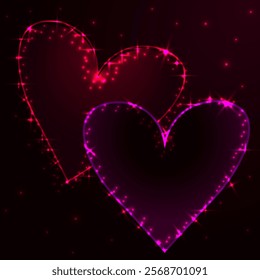 Vector graphics. Greeting card. On a dark background, two hearts in bright red stars.