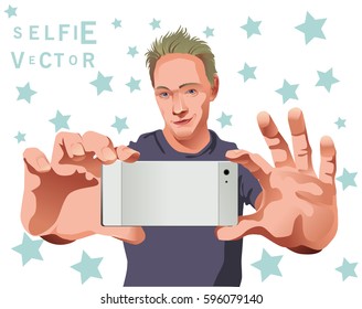 Vector graphics. The guy makes a photo of yourself. Hands in the future. Vector file. Adobe Illustrator 10 EPS