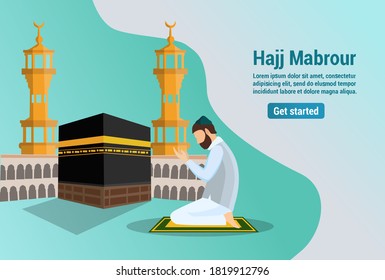 Vector graphics of Hajj and Umrah prayers illustration near the Kaaba Vector template. the background of the people who worship at the Ka'bah. landing page