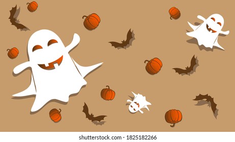 Vector graphics. Halloween character - ghost, pumpkin, bat.Halloin cartoon characters with shadow on beige background.
