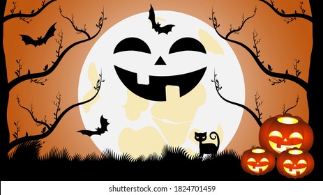 Vector graphics. Halloween and his characters. Moon, full moon night, black cat, bats, silhouettes of trees and glowing pumpkins. Artistic concept for flyers, banners, covers, wallpapers and more.