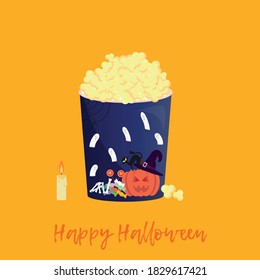 Vector graphics. Halloween popcorn with candles, pumpkin, cat