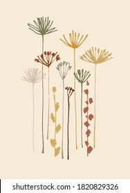 Vector graphics with hand drawn Apiaceae flowering plants on trendy ochre background. Decor printable art. Contemporary design for prints, posters, cards, stationery, t-shirts, social media posts