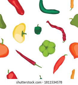 Vector graphics. Hand drawn. Isolated on a white background. Cartoon style and doodle chili peppers. Illustration for flyer, poster, wallpaper, web, invitation, greeting card, menu. Seamless pattern.