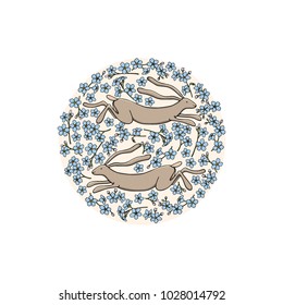Vector graphics of hand drawn symmetric hares jumping in the blue flowers on round layout. Beautiful animal design elements, sweet character, Easter illustration.