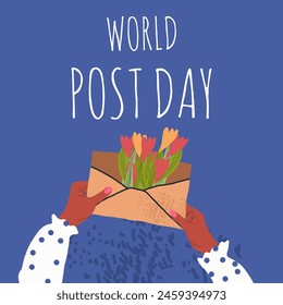 Vector graphics hand drawn world mail day, post day, flat design, flyer design, flat illustration, isolated. The black person's hands hold an open envelope from which tulips grow.