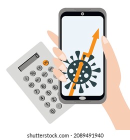 Vector graphics - a hand holding a smartphone close-up. The screen shows an orange arrow piercing a coronavirus molecule and a calculator next to it. Concept - financial market in a pandemic