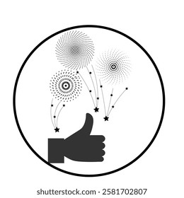 Vector graphics. Hand with thumb up and fireworks on white background.