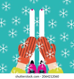 Gráficos vectoriales - las manos en mitones de punto brillante atrapan hermosos copos de nieve y pies blancos en botas de esquí y espacio para copiar. Concepto: vacaciones de invierno activas