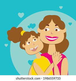 Vector graphics - happy mother and little daughter smiling and hugging close-up on a blue background. Concept - love and tenderness on mother's Day