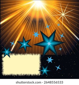 Gráficos vetoriais. Fundo do feriado. Cartão comemorativo. Raios brilhantes e estrelas azuis em um fundo escuro.