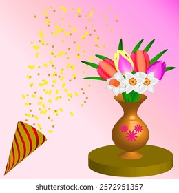 Vector graphics. Holiday card. A bouquet of tulips and daffodils in a vase against the background of confetti fireworks.